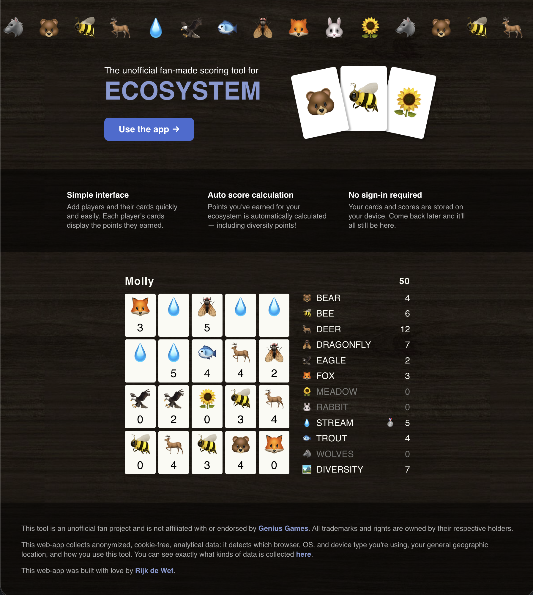 The homepage of my Ecosystem Scorer app