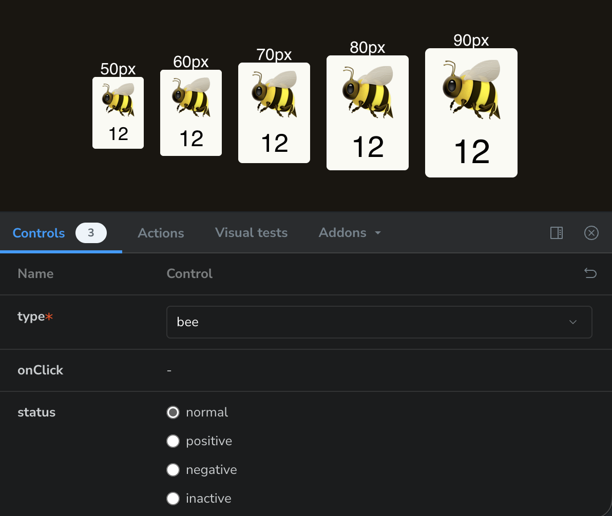 A bee card component in different sizes